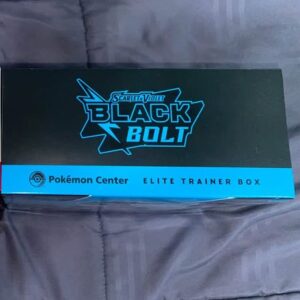 Iphone image of Pokémon Center Exclusive Black Bolt Elite Trainer Box featuring sleek black design with lightning accents, includes booster packs and premium Pokémon TCG accessories.