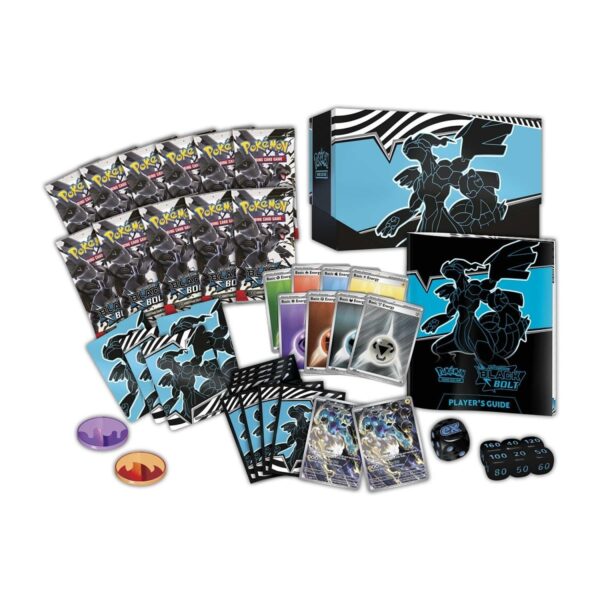 Pokémon Center Exclusive Black Bolt Elite Trainer Box featuring sleek black design with lightning accents, includes booster packs and premium Pokémon TCG accessories.
